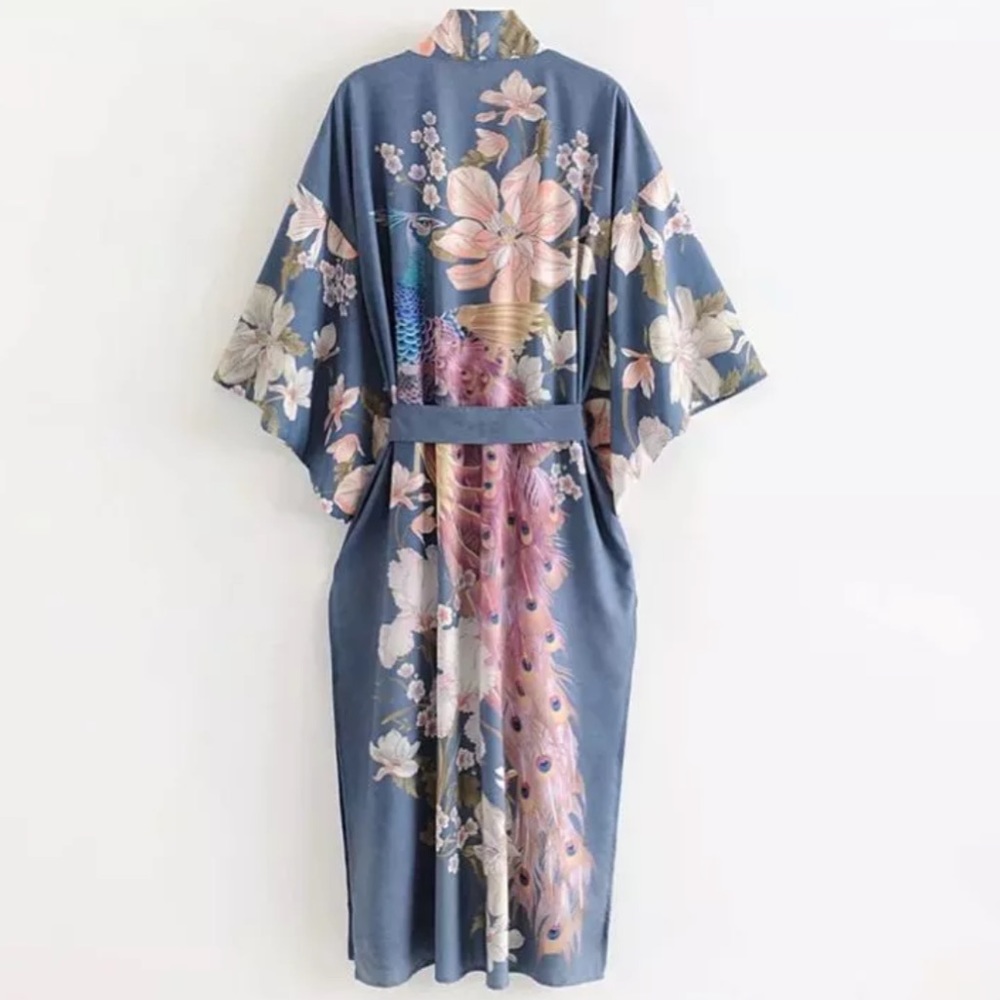 🆕Waterfall Blue Floral Peacock Maxi Kimono Duster - Picture 4 of 7